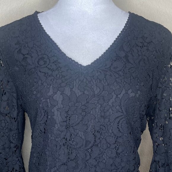 LOFT Ann Taylor Black Lace Lined Bell Sleeve V-Neck Blouse Top Size Small Career - Picture 2 of 10